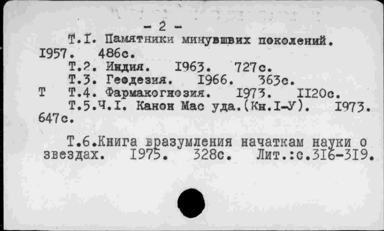 ﻿- 2 -
Т.1. Памятники минувшвих поколений. 1957 .	486с.
Т.2. Индия. 1963.	727с.
Т.З. Геодезия. 1966.	363с.
Т Т.4. Фармакогнозия. 1973.	1120с.
Т.5.4.1. Канон Мас уда.(Кн.1-У).	1973.
647 с.
Т.6.Книга вразумления начаткам науки о звездах. 1975.	328с.	Лит.:с.316-319.